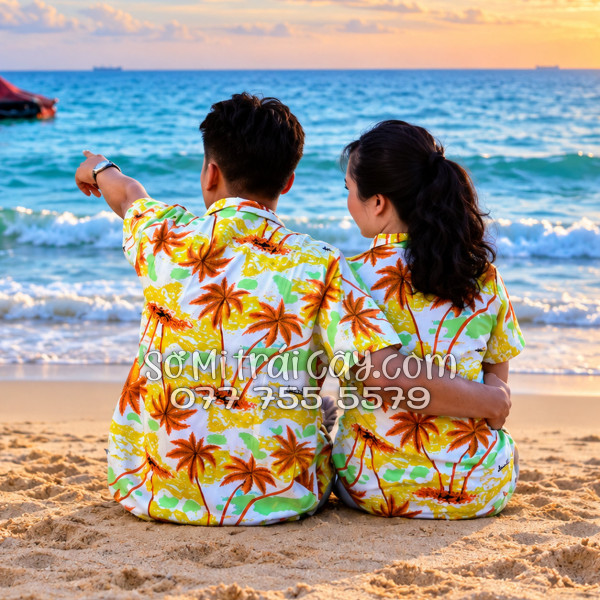 Bộ Áo Sơ Mi Quần Short Tropical Họa Tiết Cây Dừa Nâu