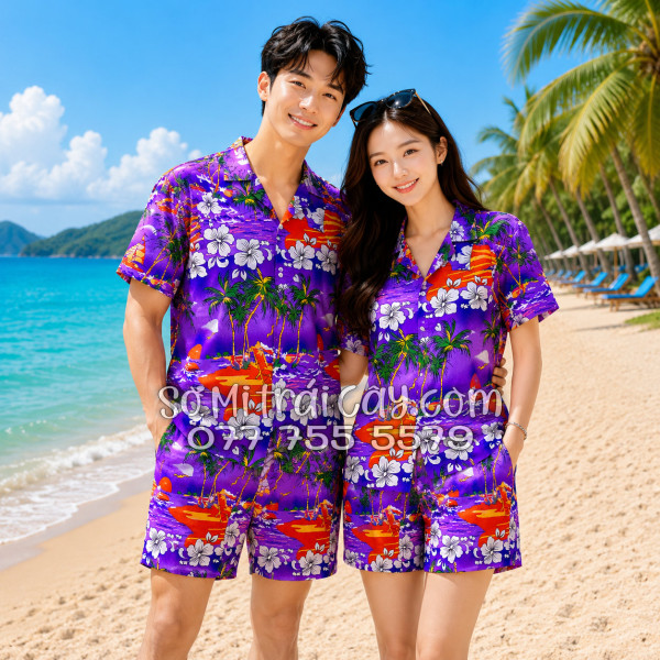 Bộ Áo Sơ Mi Quần Short Tropical Họa Tiết Cây Dừa Tím
