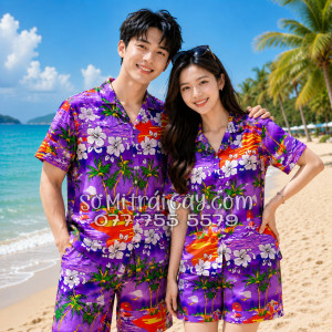 Bộ Áo Sơ Mi Quần Short Tropical Họa Tiết Cây Dừa Tím