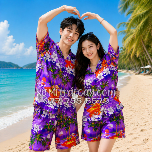 Bộ Áo Sơ Mi Quần Short Tropical Họa Tiết Cây Dừa Tím