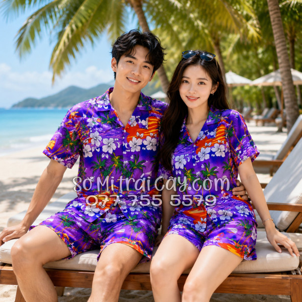 Bộ Áo Sơ Mi Quần Short Tropical Họa Tiết Cây Dừa Tím