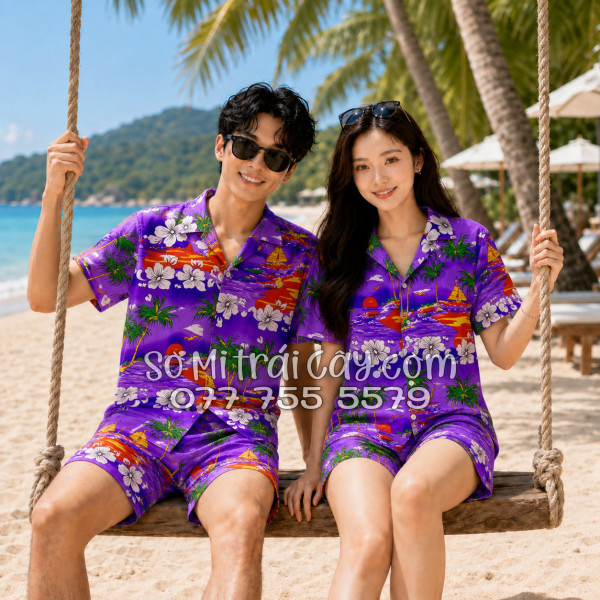 Bộ Áo Sơ Mi Quần Short Tropical Họa Tiết Cây Dừa Tím