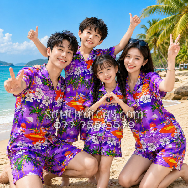 Bộ Áo Sơ Mi Quần Short Tropical Họa Tiết Cây Dừa Tím