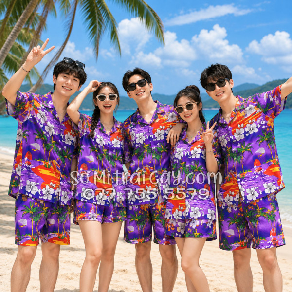 Bộ Áo Sơ Mi Quần Short Tropical Họa Tiết Cây Dừa Tím