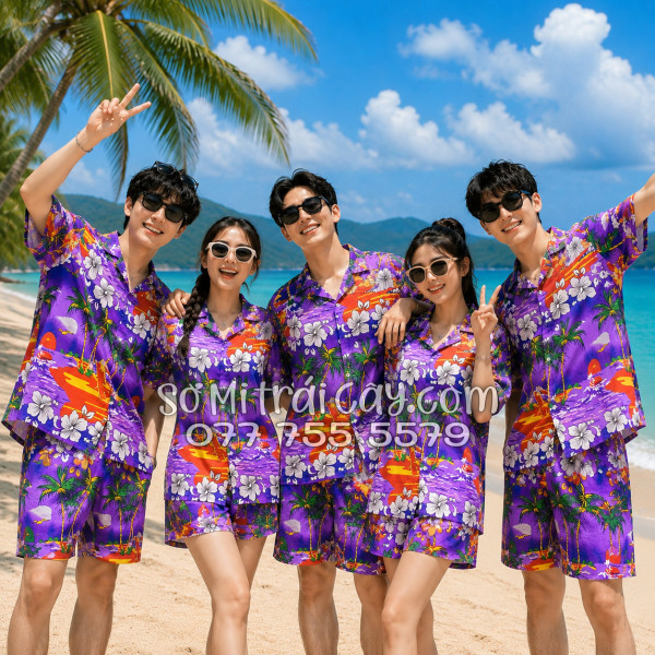 Bộ Áo Sơ Mi Quần Short Tropical Họa Tiết Cây Dừa Tím