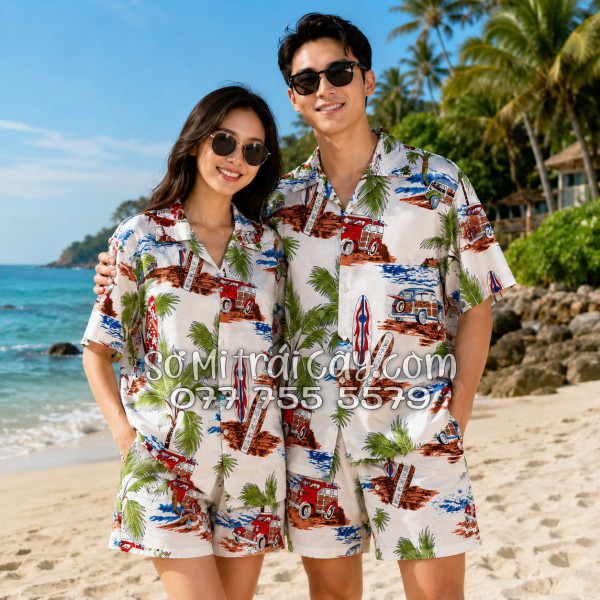 Bộ Áo Sơ Mi Quần Short Tropical Cây Dừa Ván Lướt Sóng Surfboard Xe Van Trắng