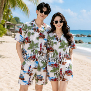 Bộ Áo Sơ Mi Quần Short Tropical Cây Dừa Ván Lướt Sóng Surfboard Xe Van Trắng