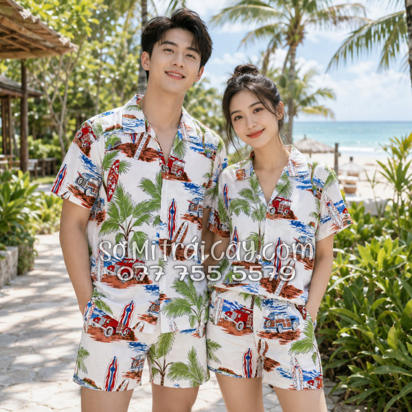Bộ Áo Sơ Mi Quần Short Tropical Cây Dừa Ván Lướt Sóng Surfboard Xe Van Trắng