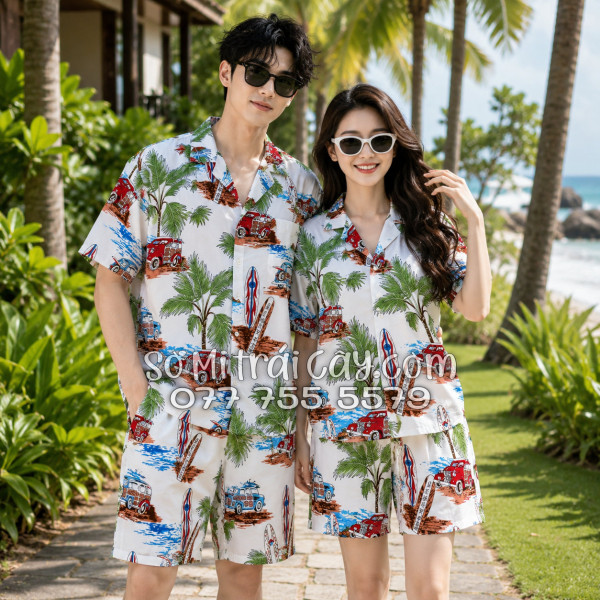 Bộ Áo Sơ Mi Quần Short Tropical Cây Dừa Ván Lướt Sóng Surfboard Xe Van Trắng