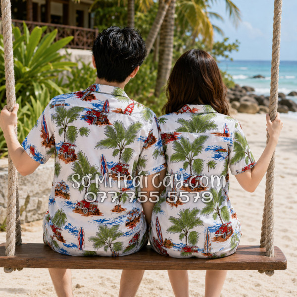 Bộ Áo Sơ Mi Quần Short Tropical Cây Dừa Ván Lướt Sóng Surfboard Xe Van Trắng