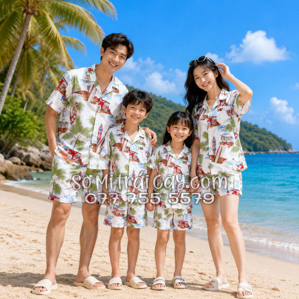 Bộ Áo Sơ Mi Quần Short Tropical Cây Dừa Ván Lướt Sóng Surfboard Xe Van Trắng