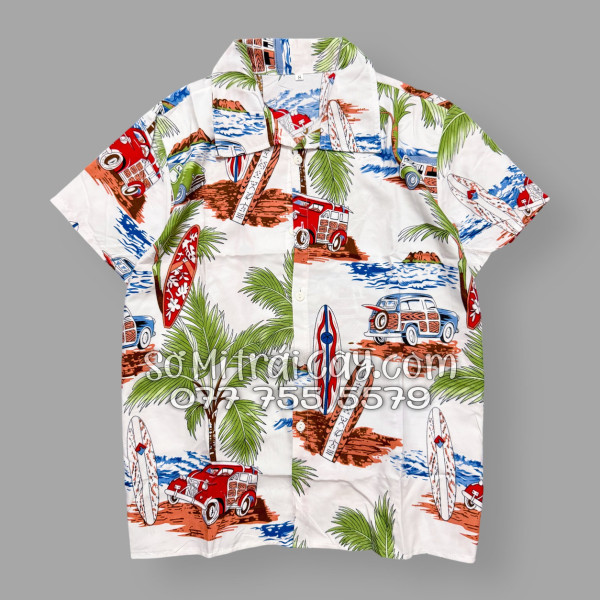 Bộ Áo Sơ Mi Quần Short Tropical Cây Dừa Ván Lướt Sóng Surfboard Xe Van Trắng