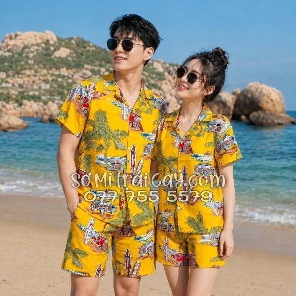 Bộ Áo Sơ Mi Quần Short Tropical Cây Dừa Ván Lướt Sóng Surfboard Xe Van Vàng