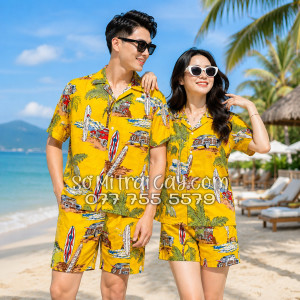 Bộ Áo Sơ Mi Quần Short Tropical Cây Dừa Ván Lướt Sóng Surfboard Xe Van Vàng