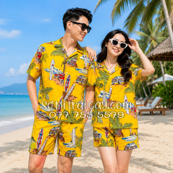 Bộ Áo Sơ Mi Quần Short Tropical Cây Dừa Ván Lướt Sóng Surfboard Xe Van Vàng