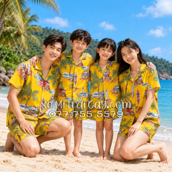 Bộ Áo Sơ Mi Quần Short Tropical Cây Dừa Ván Lướt Sóng Surfboard Xe Van Vàng