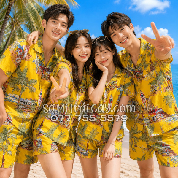 Bộ Áo Sơ Mi Quần Short Tropical Cây Dừa Ván Lướt Sóng Surfboard Xe Van Vàng
