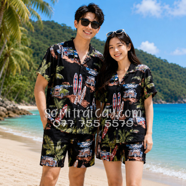Bộ Áo Sơ Mi Quần Short Tropical Cây Dừa Ván Lướt Sóng Surfboard Xe Van Đen
