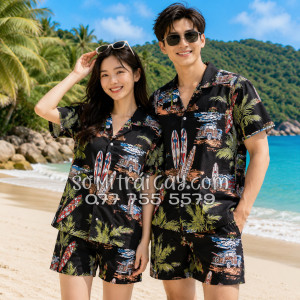 Bộ Áo Sơ Mi Quần Short Tropical Cây Dừa Ván Lướt Sóng Surfboard Xe Van Đen