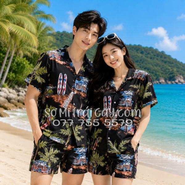 Bộ Áo Sơ Mi Quần Short Tropical Cây Dừa Ván Lướt Sóng Surfboard Xe Van Đen