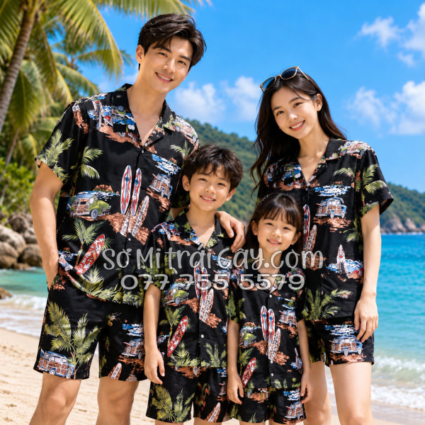 Bộ Áo Sơ Mi Quần Short Tropical Cây Dừa Ván Lướt Sóng Surfboard Xe Van Đen