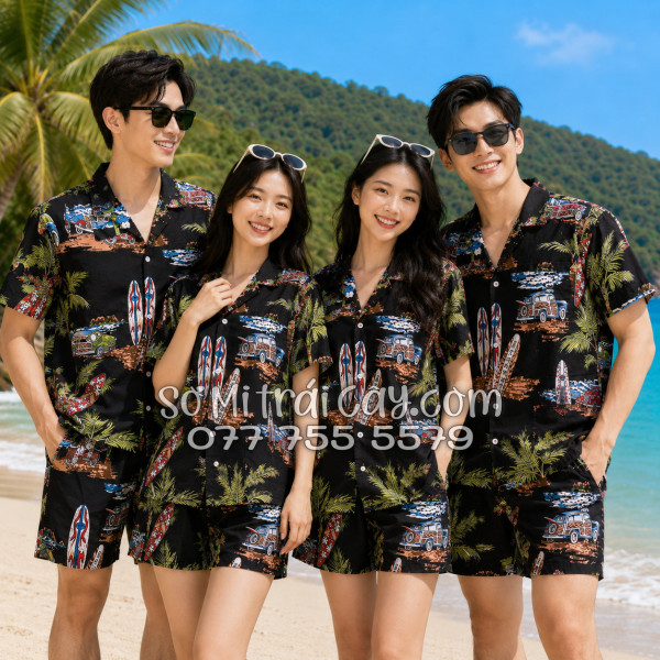 Bộ Áo Sơ Mi Quần Short Tropical Cây Dừa Ván Lướt Sóng Surfboard Xe Van Đen