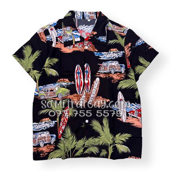 Bộ Áo Sơ Mi Quần Short Tropical Cây Dừa Ván Lướt Sóng Surfboard Xe Van Đen