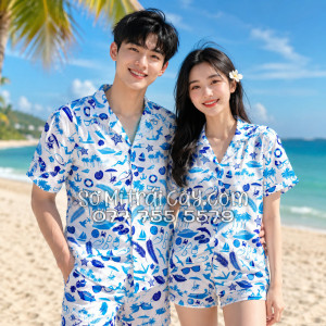 Bộ Áo Sơ Mi Quần Short Tropical Cây Dừa Thuyền Buồm Mỏ Neo Sao Biển Xanh