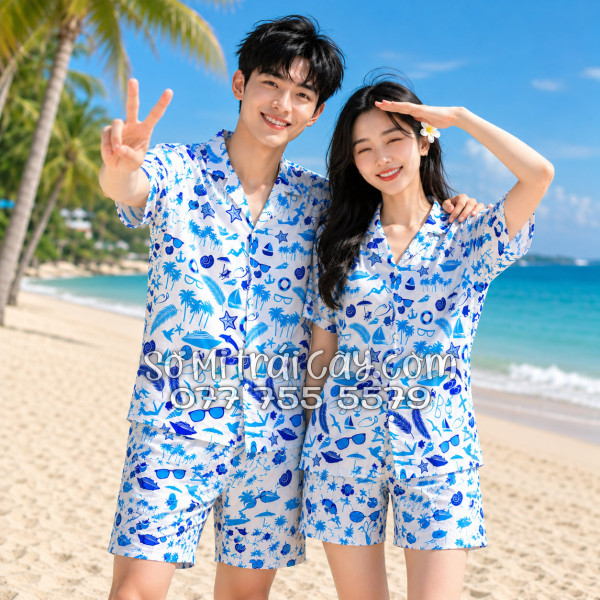 Bộ Áo Sơ Mi Quần Short Tropical Cây Dừa Thuyền Buồm Mỏ Neo Sao Biển Xanh