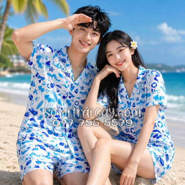 Bộ Áo Sơ Mi Quần Short Tropical Cây Dừa Thuyền Buồm Mỏ Neo Sao Biển Xanh