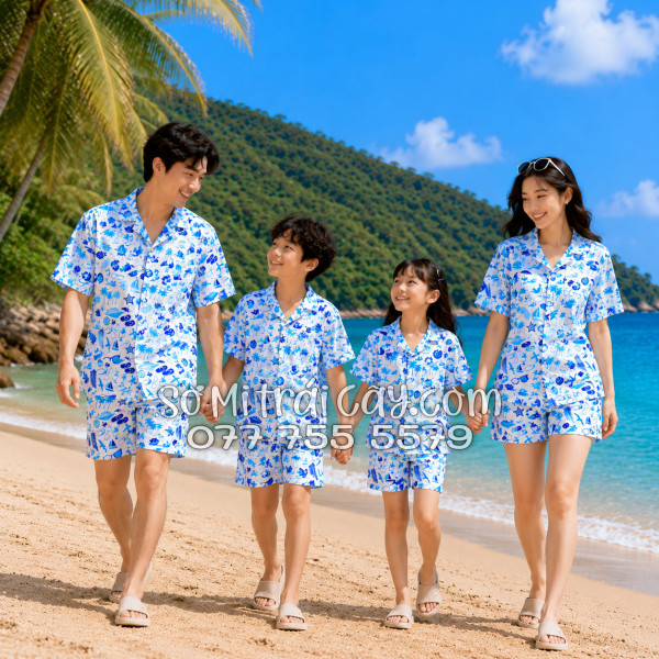 Bộ Áo Sơ Mi Quần Short Tropical Cây Dừa Thuyền Buồm Mỏ Neo Sao Biển Xanh