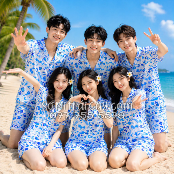Bộ Áo Sơ Mi Quần Short Tropical Cây Dừa Thuyền Buồm Mỏ Neo Sao Biển Xanh