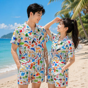 Bộ Áo Sơ Mi Quần Short Tropical Cây Dừa Thuyền Buồm Mỏ Neo Sao Biển Đỏ