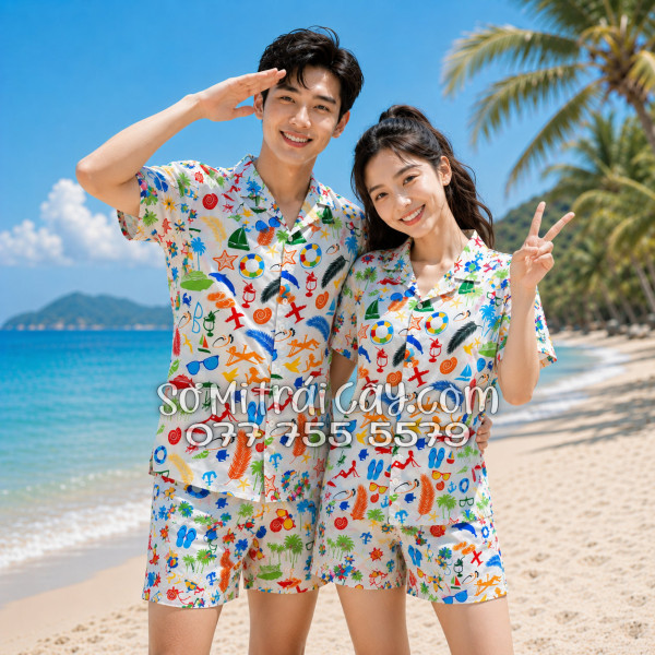 Bộ Áo Sơ Mi Quần Short Tropical Cây Dừa Thuyền Buồm Mỏ Neo Sao Biển Đỏ