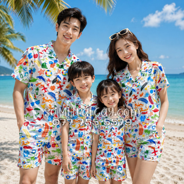Bộ Áo Sơ Mi Quần Short Tropical Cây Dừa Thuyền Buồm Mỏ Neo Sao Biển Đỏ