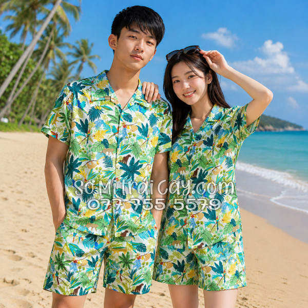 Bộ Áo Sơ Mi Quần Short Tropical Họa Tiết Báo Đốm Vẹt