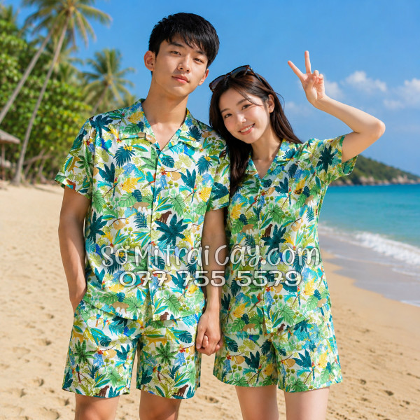 Bộ Áo Sơ Mi Quần Short Tropical Họa Tiết Báo Đốm Vẹt