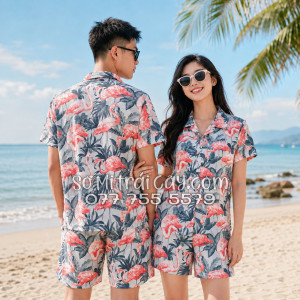 Bộ Áo Sơ Mi Quần Short Tropical Họa Tiết Chim Hồng Hạc