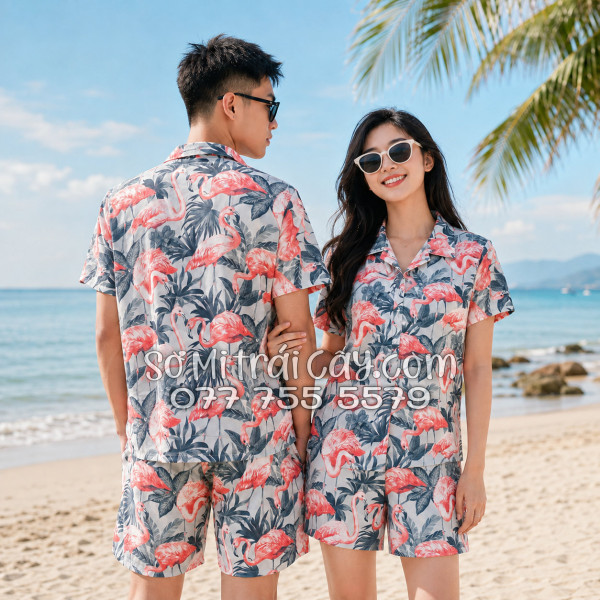 Bộ Áo Sơ Mi Quần Short Tropical Họa Tiết Chim Hồng Hạc