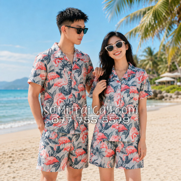 Bộ Áo Sơ Mi Quần Short Tropical Họa Tiết Chim Hồng Hạc