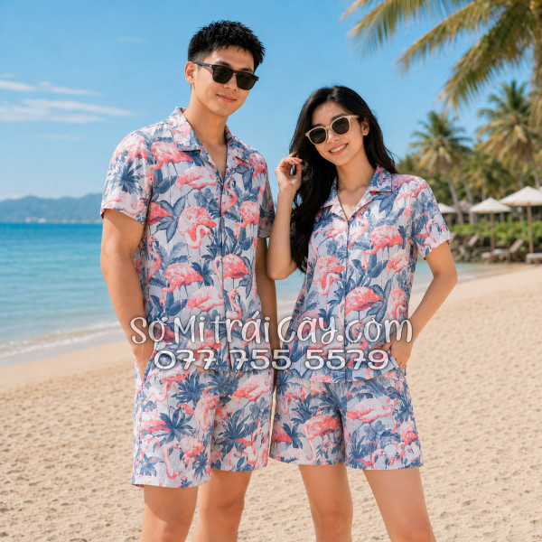 Bộ Áo Sơ Mi Quần Short Tropical Họa Tiết Chim Hồng Hạc