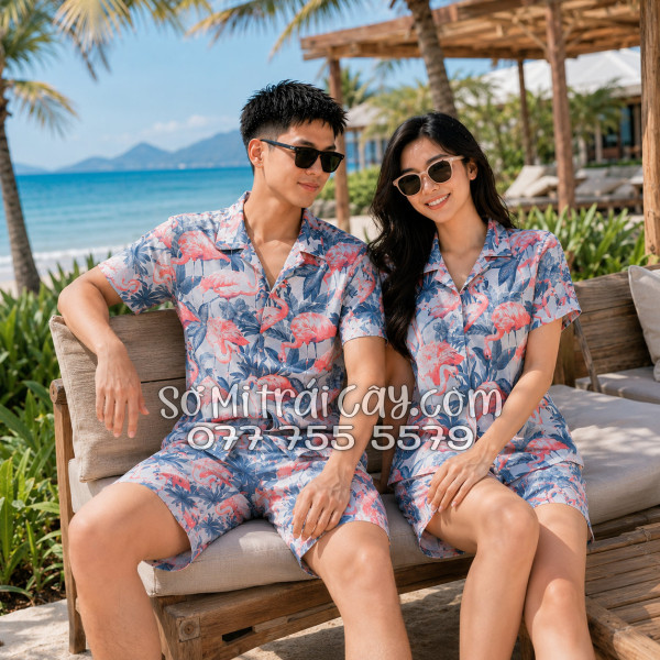 Bộ Áo Sơ Mi Quần Short Tropical Họa Tiết Chim Hồng Hạc