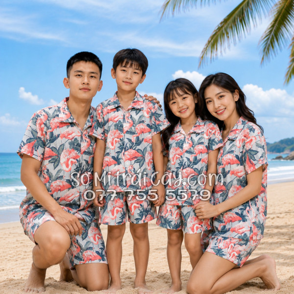Bộ Áo Sơ Mi Quần Short Tropical Họa Tiết Chim Hồng Hạc