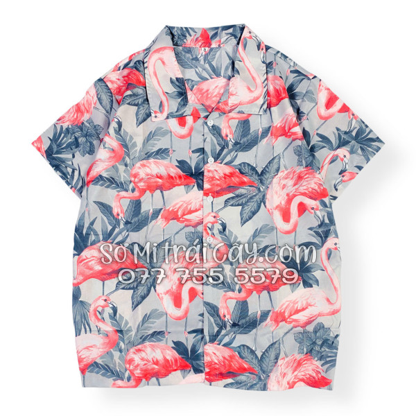 Bộ Áo Sơ Mi Quần Short Tropical Họa Tiết Chim Hồng Hạc