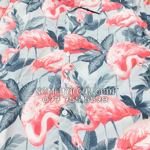 Bộ Áo Sơ Mi Quần Short Tropical Họa Tiết Chim Hồng Hạc