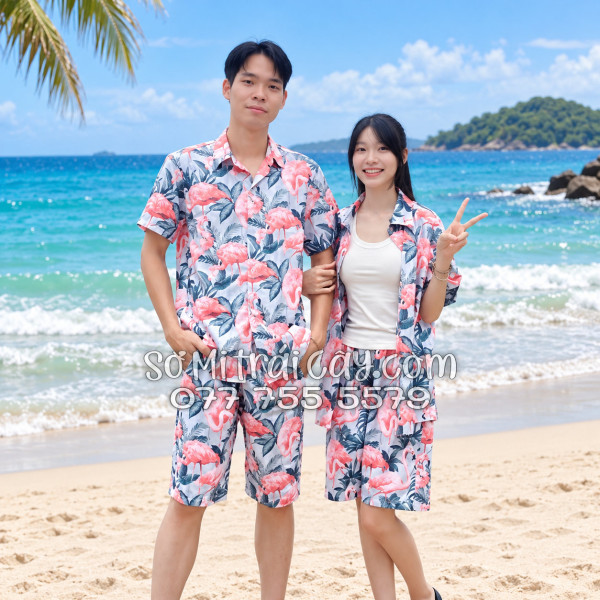 Bộ Áo Sơ Mi Quần Short Tropical Họa Tiết Chim Hồng Hạc