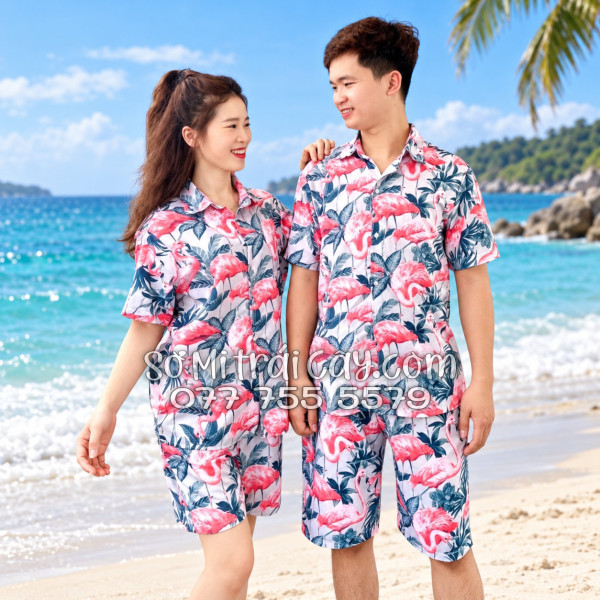 Bộ Áo Sơ Mi Quần Short Tropical Họa Tiết Chim Hồng Hạc