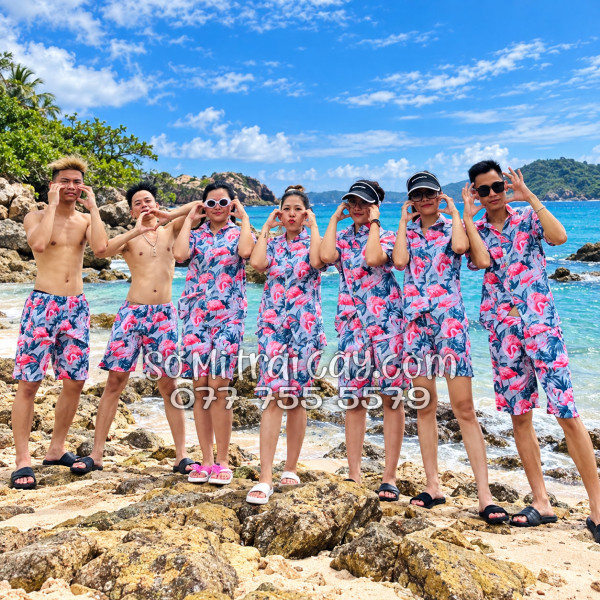 Bộ Áo Sơ Mi Quần Short Tropical Họa Tiết Chim Hồng Hạc