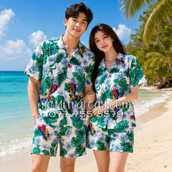 Bộ Áo Sơ Mi Quần Short Tropical Họa Tiết Chim Vẹt Lá Xanh