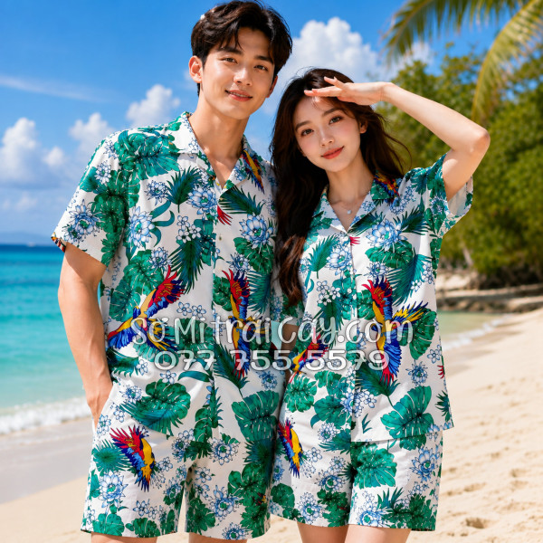 Bộ Áo Sơ Mi Quần Short Tropical Họa Tiết Chim Vẹt Lá Xanh